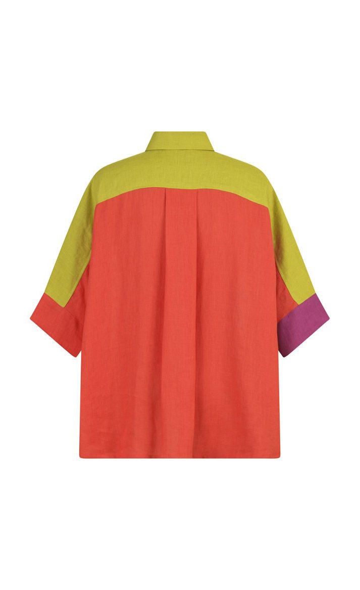 Back view of the alembika colorblock linen shirt. This shirt is red on the back, purple on the right side and yellow on shoulder and sleeve sides. The shirt has elbow length sleeves. 