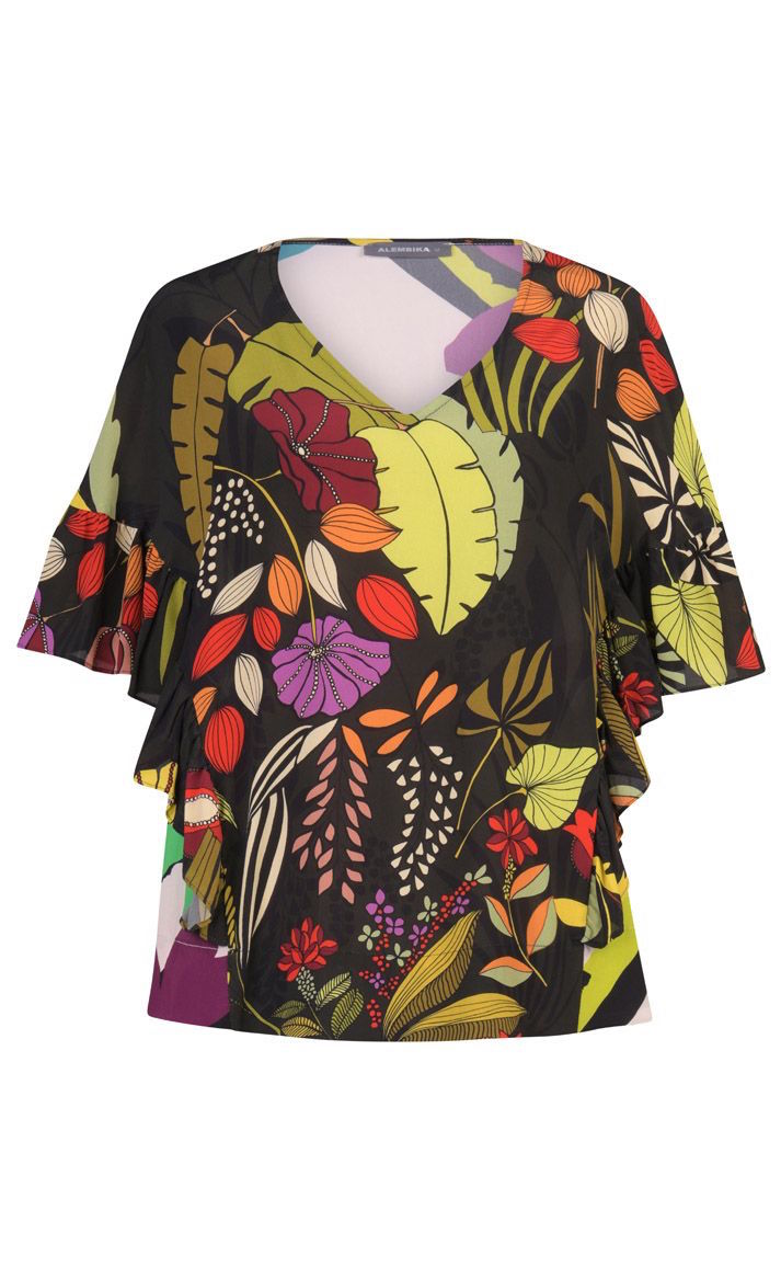 Front view of the Alembika Floral Vneck tee. This tee has a dark tropical jungle print in the front, a v-neck, and elbow length sleeves with ruffles that run down the side of the top.