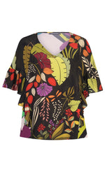 Load image into Gallery viewer, Front view of the Alembika Floral Vneck tee. This tee has a dark tropical jungle print in the front, a v-neck, and elbow length sleeves with ruffles that run down the side of the top.

