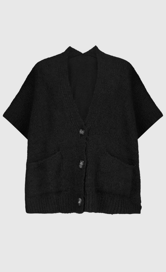 Front view of the Alembika Signature Short Sleeve Sweater Cardi. This sweater is black with a 3-button front and two front patch pockets.