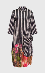 Load image into Gallery viewer, Front view of the alembika sunset wonderful dress. This dress has a button down front, black and white striped print and a floral printed bottom. The dress has 3/4 length sleeves.
