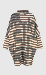 Load image into Gallery viewer, Front of the Alembika Urban Clustur Cocoon Dress. This dress is cream and brown striped with a gray graffiti print all over it. The dress has a cocoon shape that tapers in at the knees. It has drop shoulder, long dolman sleeves and a mock neck.
