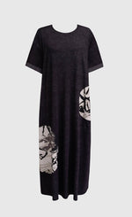 Load image into Gallery viewer, Front view of a the alembika urban moon maxi dress. This dress is dark grey with two patch circles on the bottom 2/3s of the dress. These circles are white/grey with a scribble print on them. The relaxed dress sits just above the ankles and has elbow length sleeves.
