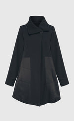 Load image into Gallery viewer, Front view of the alembika urban sleek satin trim jacket in black. This jacket has a single button closure and satin panels on the side. 
