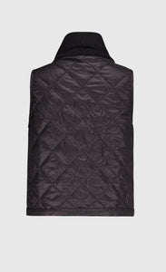 Back view of the alembika urban puffer vest in black. This vest has a ribbed collar and a front single button.