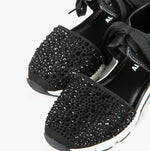 Load image into Gallery viewer, close up view of the All Black amazing gems sneaker sandal pair. This sneaker sandal has a lace up front separated from the toe upper. The upper on the toe is decorated with black rhinestones
