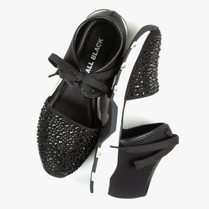 Top and side view of the All Black amazing gems sneaker sandal pair. This sneaker sandal has a lace up front separated from the toe upper. The upper on the toe is decorated with black rhinestones