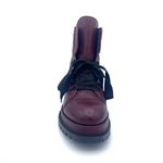 Load image into Gallery viewer, Front view of the all black ankle tie camper boot. This boot has a lug/combat boot look with wide black laces and an ankle length shaft. These boots are wine colored.
