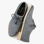 Load image into Gallery viewer, birdseye view of a pair of the all black footwear sleek fur ox shoe. This oxford shoe is grey with tiny black spots. It has a lace up front.
