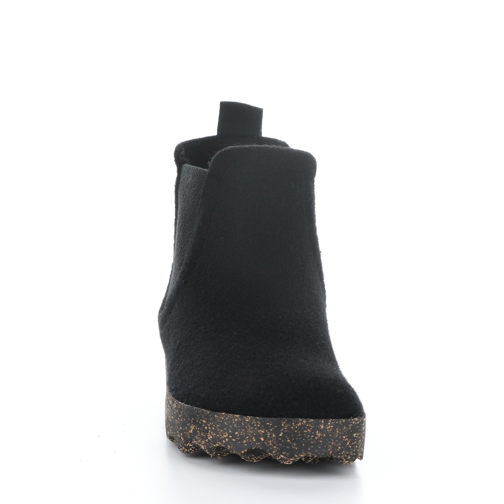 Front view of the asportuguesas caia black boot. This chelsea boot is felt with elastic sides and a cork looking sole.