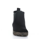 Load image into Gallery viewer, Front view of the asportuguesas caia black boot. This chelsea boot is felt with elastic sides and a cork looking sole.
