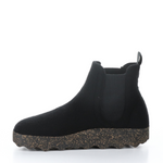 Load image into Gallery viewer, Inner side view of the asportuguesas caia black boot. This chelsea boot is felt with elastic sides and a cork looking sole.
