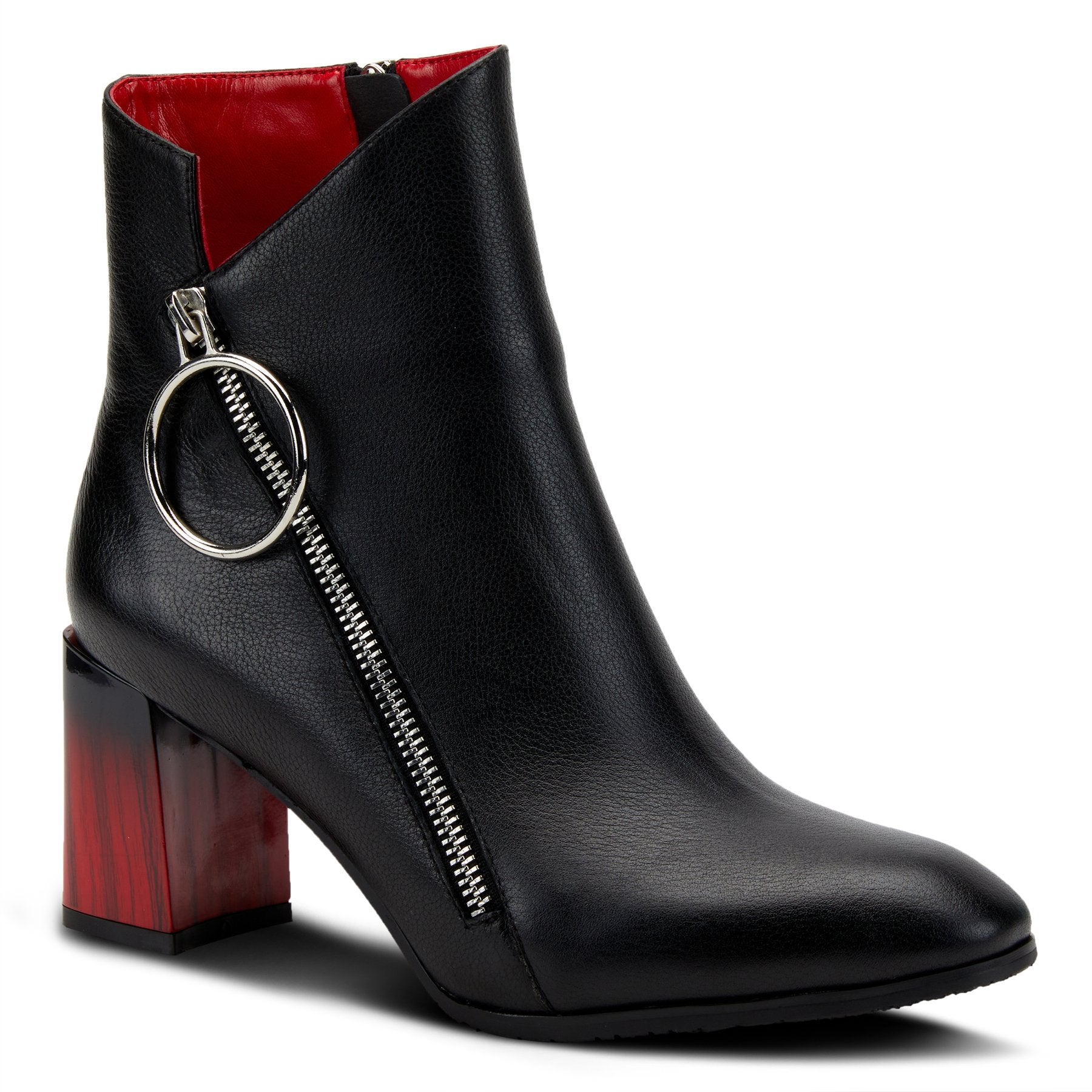 Outer front side view of the azura fabulosa boots. These boots are black with a black to red faded heel. The Boot has an outer zipper running asymmetrically across the outer side with a decorative circle.