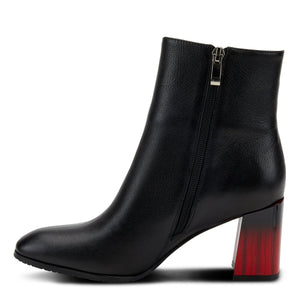 Inner side view of the azura fabulosa boots. These boots are black with a black to red faded heel. The Boot has an inner zipper.