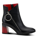 Load image into Gallery viewer, Outer side view of the azura fabulosa boots. These boots are black with a black to red faded heel. The Boot has an outer zipper running asymmetrically across the outer side with a decorative circle.
