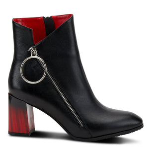 Outer side view of the azura fabulosa boots. These boots are black with a black to red faded heel. The Boot has an outer zipper running asymmetrically across the outer side with a decorative circle.