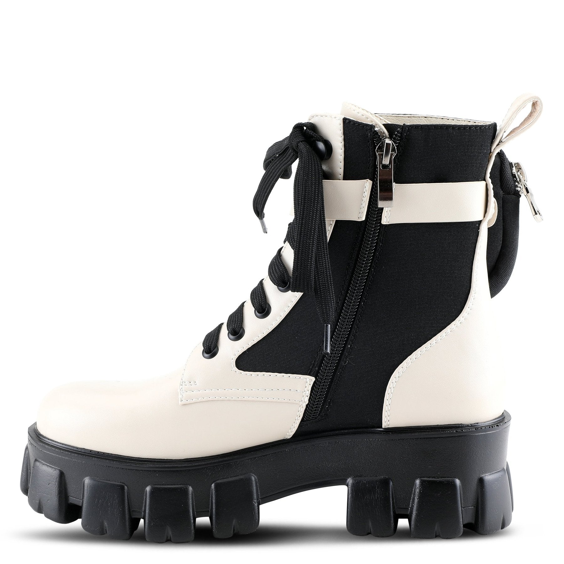 Inner side view of a azura stoked boot. This boot is beige and black with a black lace up front and a black lug sole. The boot has a decorative strap around the ankle and an inner zipper.