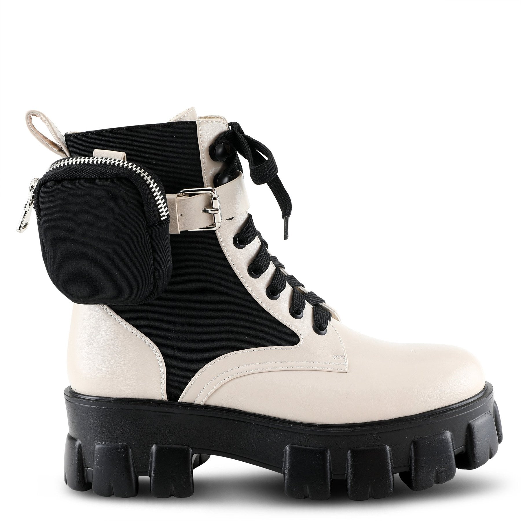 Outer side view of the azura stoked boot. This boot is beige and black with a black lace up front and a black lug sole. The boot has a decorative strap around the ankle with a mini zip pouch attached. 