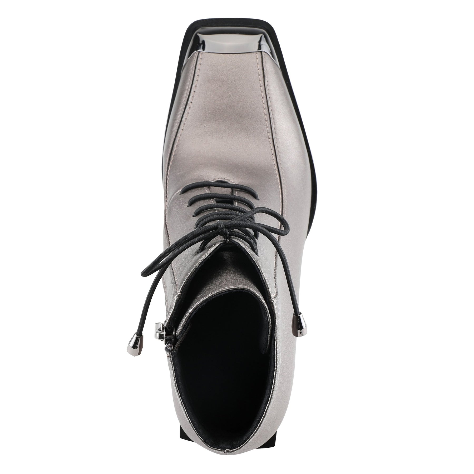 Top view of the azura that girl bootie from spring footwear. This bootie is pewter colored with a black lace up front, a black block heel, and decorative black shiny square toe guard.