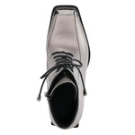 Load image into Gallery viewer, Top view of the azura that girl bootie from spring footwear. This bootie is pewter colored with a black lace up front, a black block heel, and decorative black shiny square toe guard.
