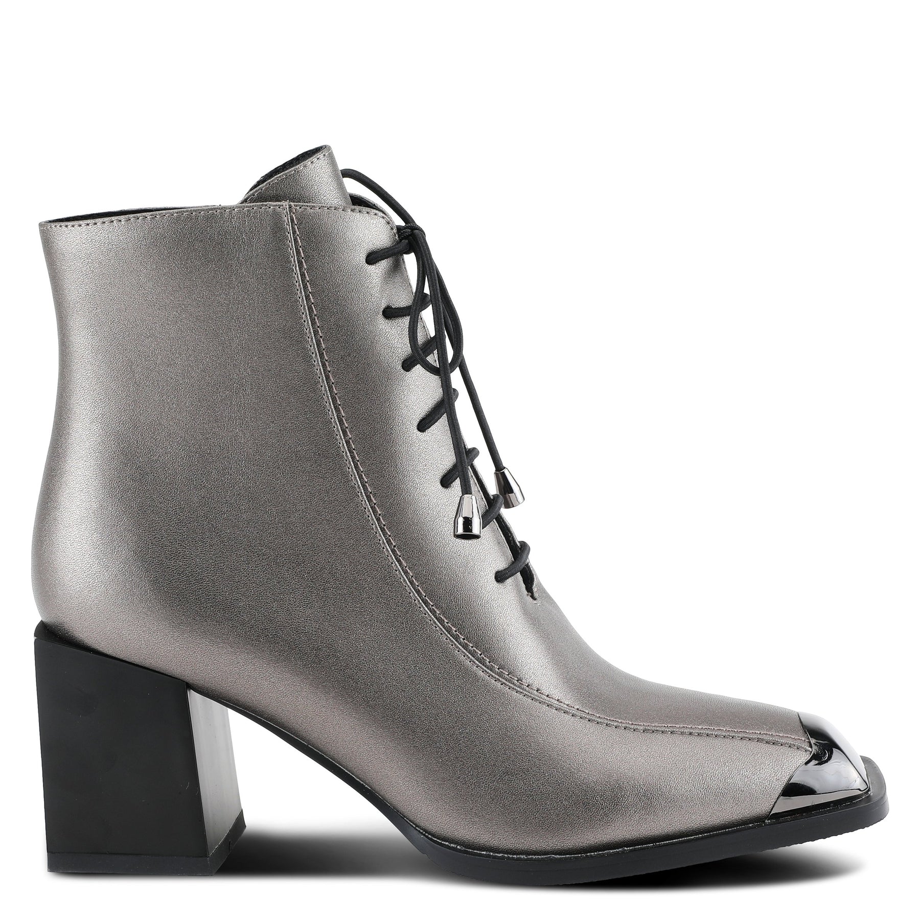 Outer side view of the azura that girl bootie from spring footwear. This bootie is pewter colored with a black lace up front, a black block heel, and decorative black shiny square toe guard.