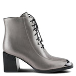 Load image into Gallery viewer, Outer side view of the azura that girl bootie from spring footwear. This bootie is pewter colored with a black lace up front, a black block heel, and decorative black shiny square toe guard.
