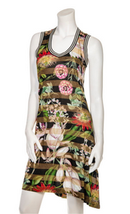 Front view of a mannequin wearing the Beate Heymann Floral Striped Dress. This dress is sleeveless with black and white striping around the scoop neck and arm holes. It also has a black and gold stripped pattern with a botanic/floral print on op of it.