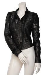 Load image into Gallery viewer, Front view of the beate heymann carbon jacket. This jacket is black with a cracked gold print all over it. The jacket is short with long sleeves, and off-center zipper, and a notched collar.
