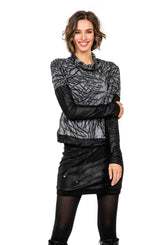 Load image into Gallery viewer, Front top half view of a woman wearing the beate heymann abstract top. This top is grey with black scribbles all over it. The top also has a mock neck, drop shoulder sleeves and black pleather detailing on the sleeves and hem.
