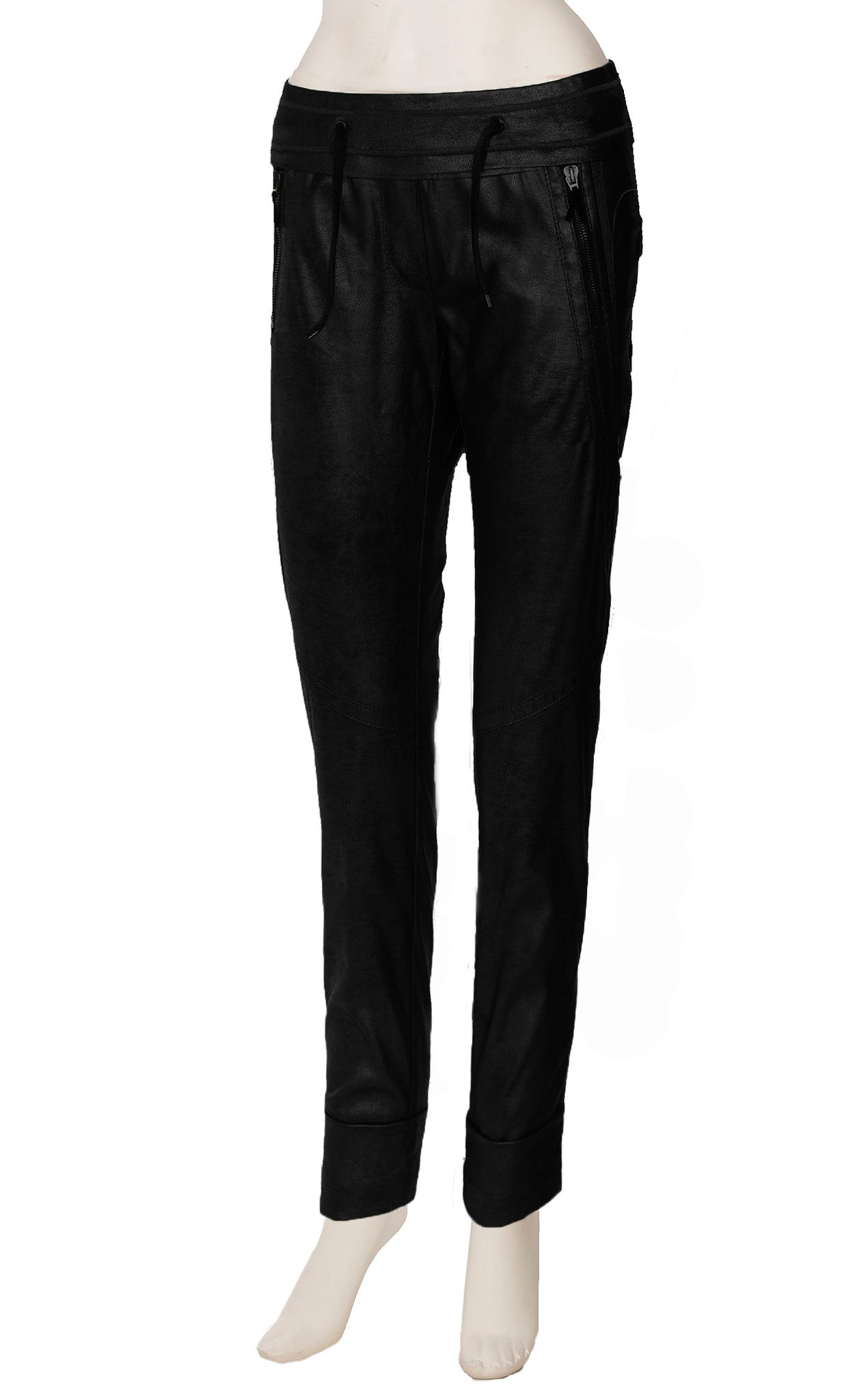 Front view of the beate heymann signature jogger. These joggers are black and appear faux leather. They have decorative stitching all over the leg and two front zip pockets.