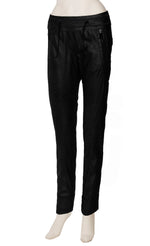 Load image into Gallery viewer, Front view of the beate heymann signature jogger. These joggers are black and appear faux leather. They have decorative stitching all over the leg and two front zip pockets.
