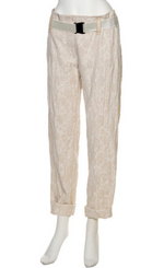 Load image into Gallery viewer, Front view of the beate heymann roll up jacquard trouser. This pant is beige with a floral print. It has a roll up hem, and a beige elastic belt.
