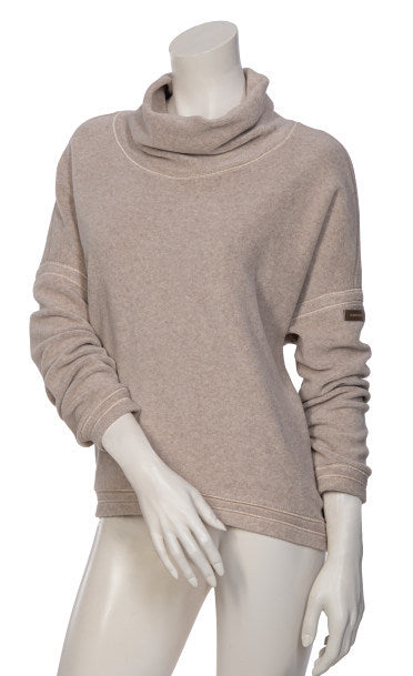 Front view of the beate heymann cozy sweatshirt in the color nature. This color is cream/beige. The sweatshirt has drop shoulder long sleeves and a cowl neck.