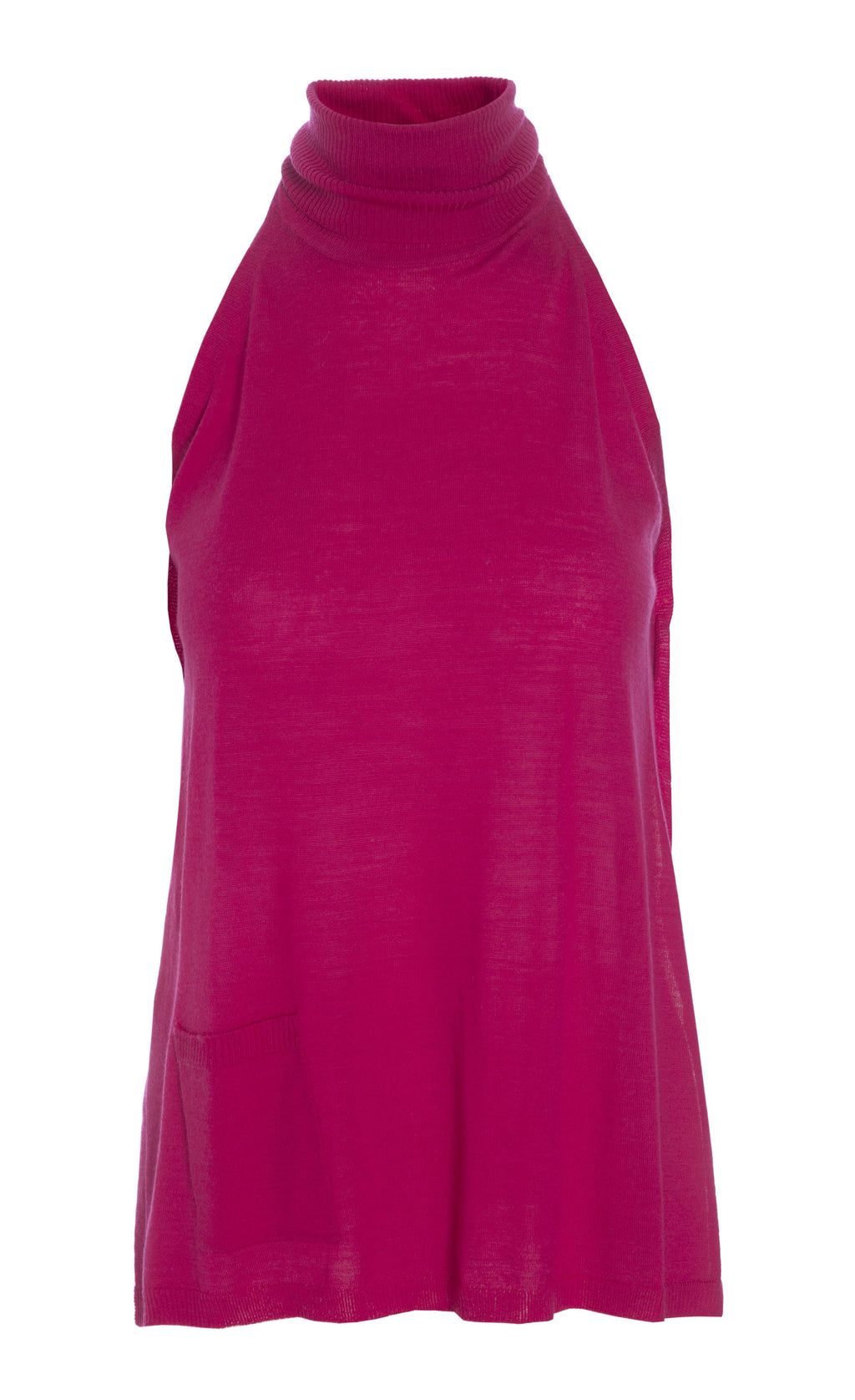 Front view of the bitte kai rand wool front piece in the color ruby pink. This front piece has a single front pocket on the bottom right side, no sleeves, and a turtleneck.
