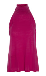 Load image into Gallery viewer, Front view of the bitte kai rand wool front piece in the color ruby pink. This front piece has a single front pocket on the bottom right side, no sleeves, and a turtleneck.
