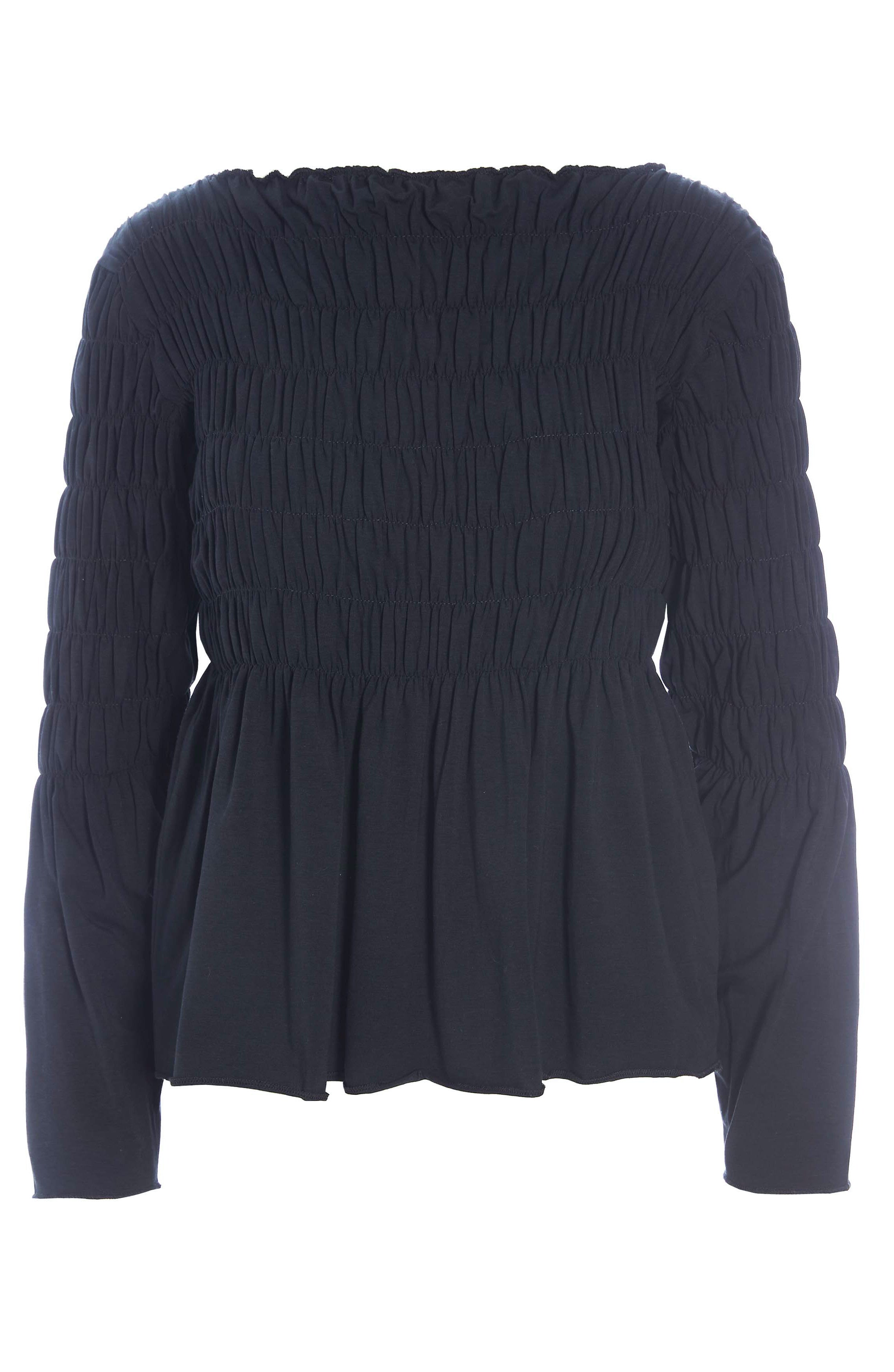 front view of the bitte kai rand atlas blouse in black. This blouse features a stitched gathering (smocking) on the top half of the top and sleeves that causes a peplum-like flare out from the waist and elbows.