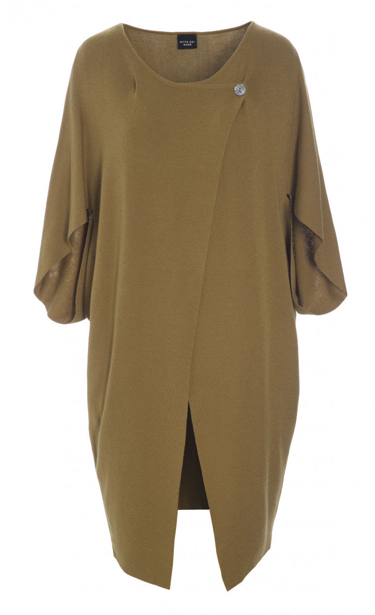 Front view of the bitte kai rand merino mix cape in the color mustard. This cape has a double button cross body closure near the neck and two wide elbow length sleeves.