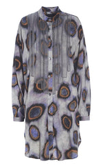 Load image into Gallery viewer, Front view of the bitte kai rand sea shirt. This purple/grey shirt has circular print on it in purple and orange and strips of organza coming from the shoulders and neck like a bib of ribbons. The shirt has a button down front and a curved hem.
