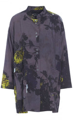 Load image into Gallery viewer, Front full body view of the bitte kai rand grey wilderness shirt. This shirt is grey with a mix of yellow, ice blue, and black flowers. The shirt has a button up front.
