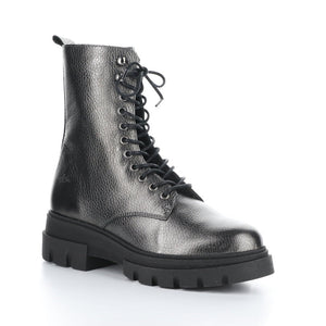  Front outer side view of the bos & co felete grey round toe boots. These boots have a lace up front, metallic shine, and lug sole.