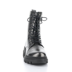 Front view of the bos & co felete grey round toe boots. These boots have a lace up front, metallic shine, and lug sole.