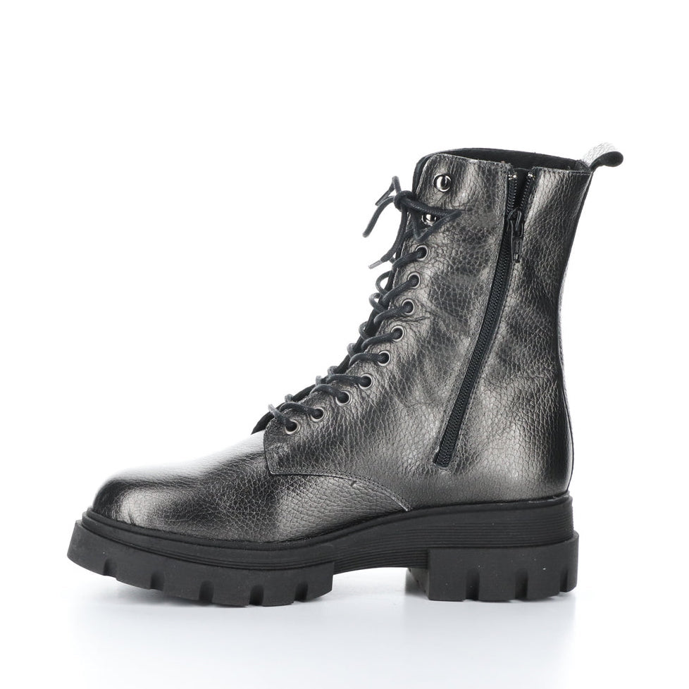 Inner side view of the bos & co felete grey round toe boots. These boots have a lace up front, metallic shine, and inner zipper, and lug sole.