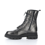 Load image into Gallery viewer, Inner side view of the bos &amp; co felete grey round toe boots. These boots have a lace up front, metallic shine, and inner zipper, and lug sole.
