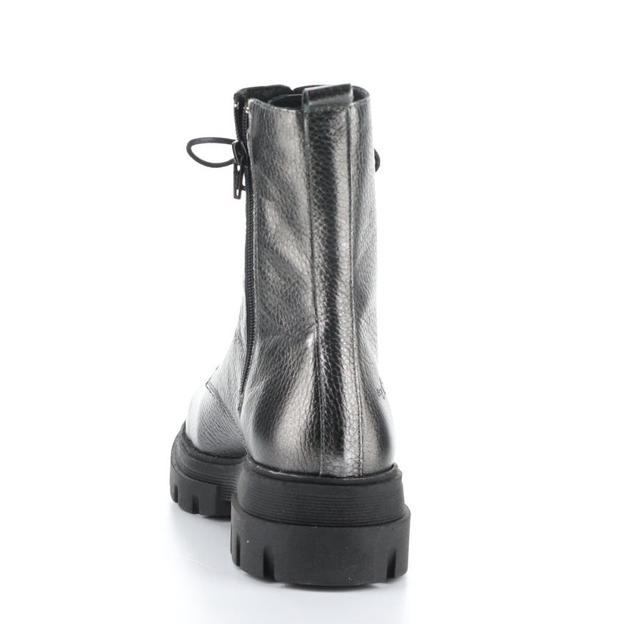 Back view of the bos & co felete grey round toe boots. These boots have a metallic shine and lug sole.