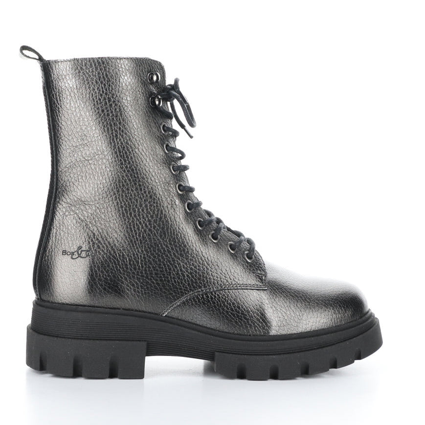 Outer side view of the bos & co felete grey round toe boots. These boots have a lace up front, metallic shine, and lug sole.