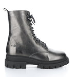 Load image into Gallery viewer, Outer side view of the bos &amp; co felete grey round toe boots. These boots have a lace up front, metallic shine, and lug sole.
