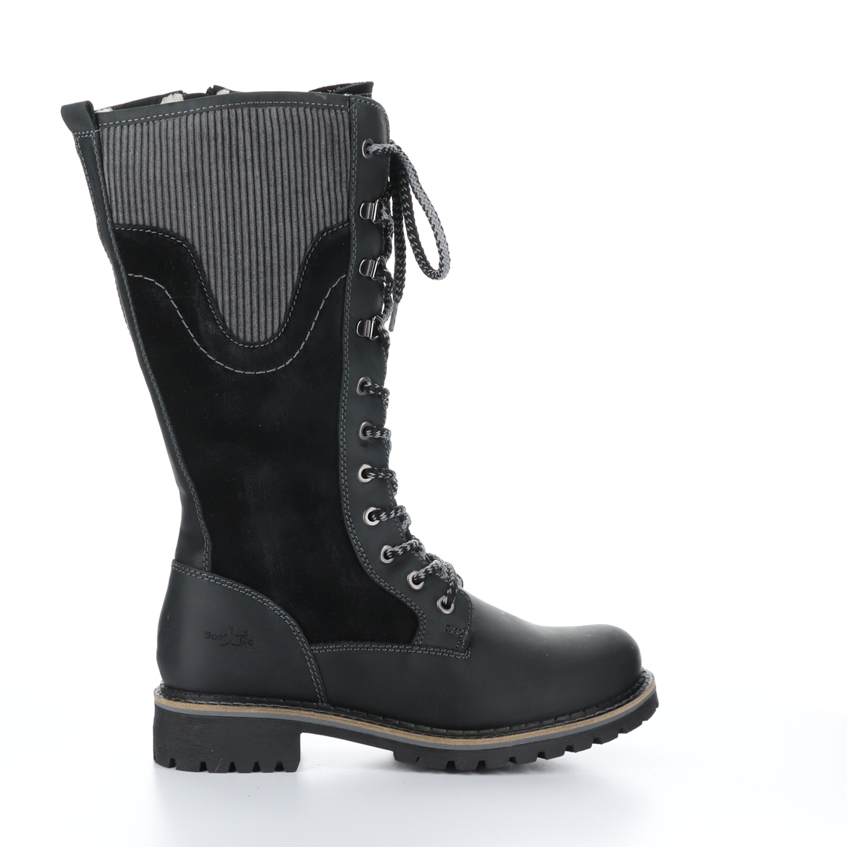 Outer side view of the bos & co harrsion boot in the color black/grey. This boot is calf-height. It has a lace up front and panels of suede leather, burnished leather, and corduroy. 