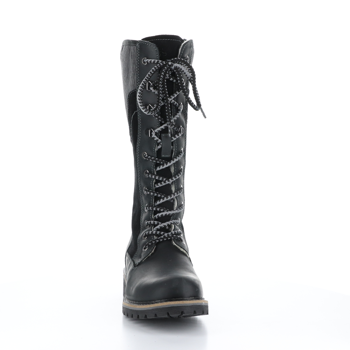 Front view of the bos & co harrsion boot in the color black/grey. This boot is calf-height. It has a lace up front and panels of suede leather, burnished leather, and corduroy. 