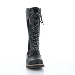 Load image into Gallery viewer, Front view of the bos &amp; co harrsion boot in the color black/grey. This boot is calf-height. It has a lace up front and panels of suede leather, burnished leather, and corduroy. 
