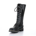 Load image into Gallery viewer, Inner front side view of the bos &amp; co harrsion boot in the color black/grey. This boot is calf-height. It has a lace up front and panels of suede leather, burnished leather, and corduroy.  The inner side of this boot has a zipper.

